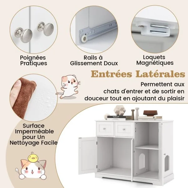 Meuble Pour Bac à Litière Caché avec Rangement Armoire pour Chat en Bois avec 3 Portes et 2 Tiroirs Kits Anti-basculement