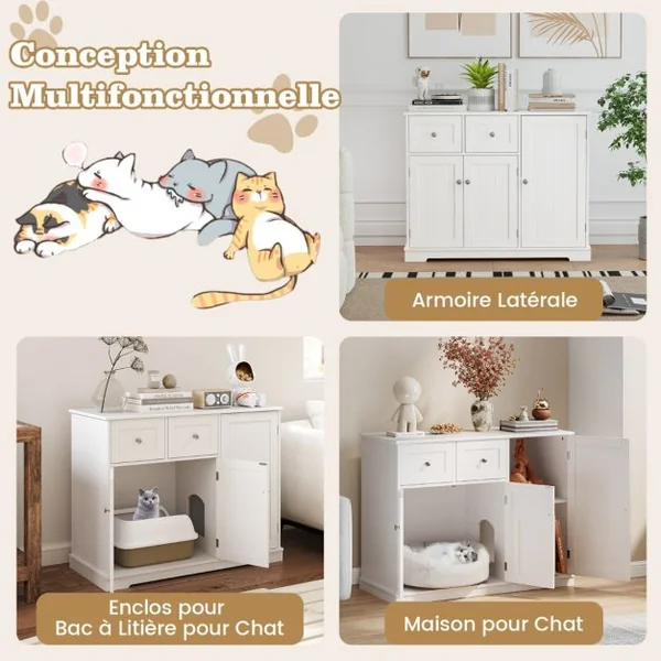 Meuble Pour Bac à Litière Caché avec Rangement Armoire pour Chat en Bois avec 3 Portes et 2 Tiroirs Kits Anti-basculement