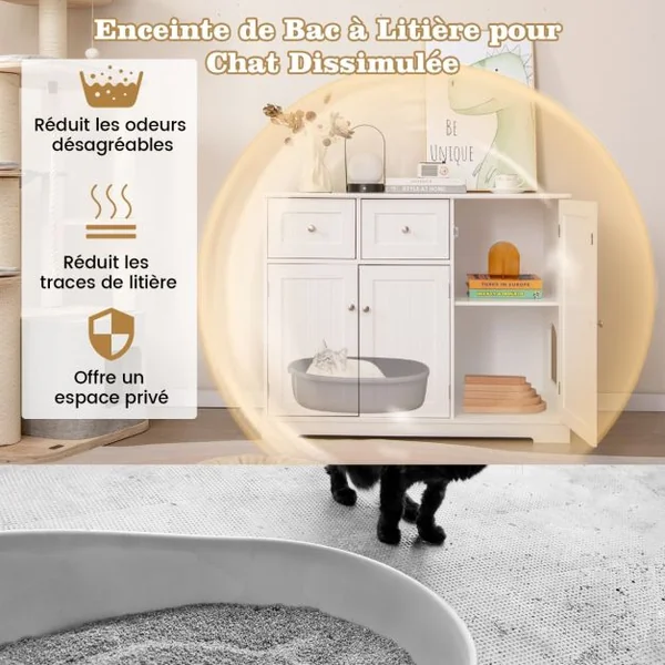 Meuble Pour Bac à Litière Caché avec Rangement Armoire pour Chat en Bois avec 3 Portes et 2 Tiroirs Kits Anti-basculement