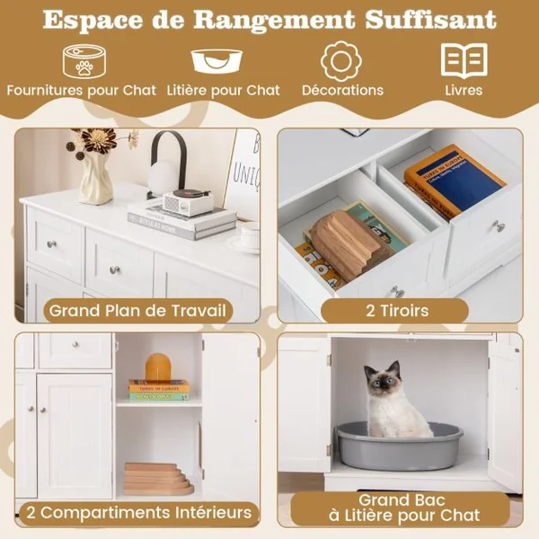 Meuble Pour Bac à Litière Caché avec Rangement Armoire pour Chat en Bois avec 3 Portes et 2 Tiroirs Kits Anti-basculement