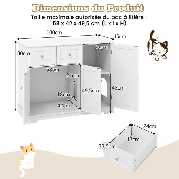 Meuble Pour Bac à Litière Caché avec Rangement Armoire pour Chat en Bois avec 3 Portes et 2 Tiroirs Kits Anti-basculement