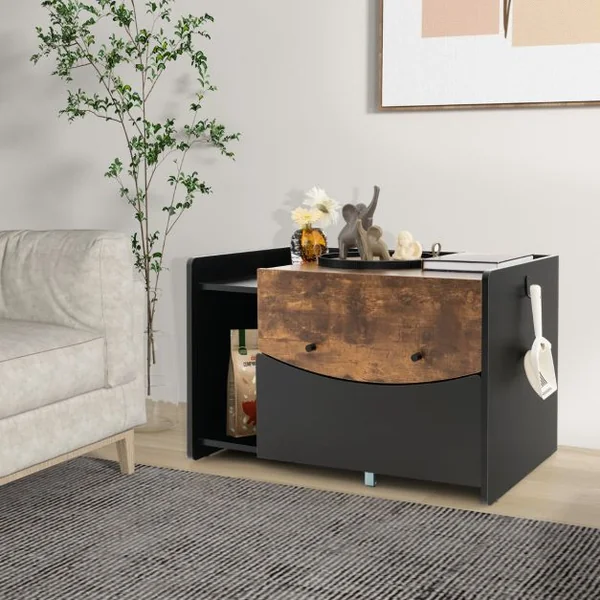 Meuble pour Bac à Litière pour Chat avec Tiroir Coulissant à Roulettes Porte Rabattable Armoire Latérale Table de Nuit Toilettes Cachées Noir