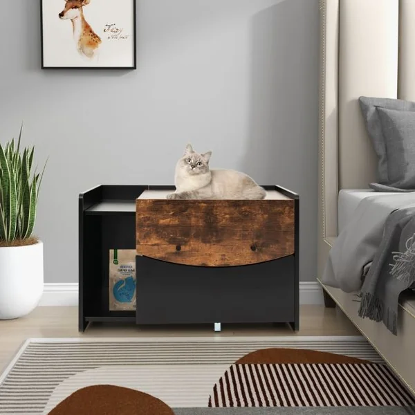 Meuble pour Bac à Litière pour Chat avec Tiroir Coulissant à Roulettes Porte Rabattable Armoire Latérale Table de Nuit Toilettes Cachées Noir