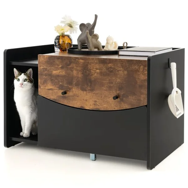 Meuble pour Bac à Litière pour Chat avec Tiroir Coulissant à Roulettes Porte Rabattable Armoire Latérale Table de Nuit Toilettes Cachées Noir