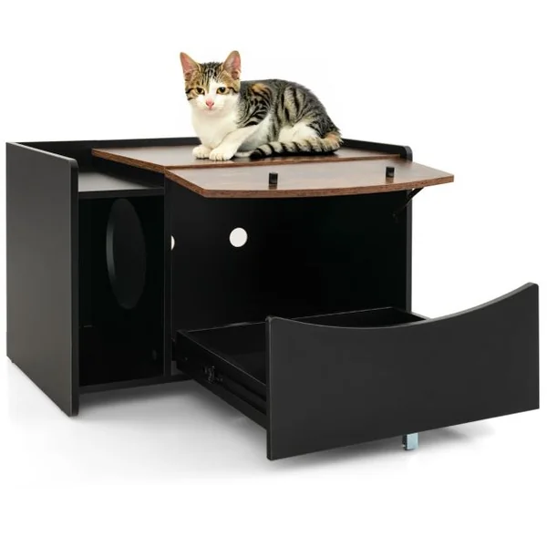 Meuble pour Bac à Litière pour Chat avec Tiroir Coulissant à Roulettes Porte Rabattable Armoire Latérale Table de Nuit Toilettes Cachées Noir