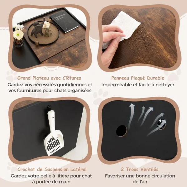 Meuble pour Bac à Litière pour Chat avec Tiroir Coulissant à Roulettes Porte Rabattable Armoire Latérale Table de Nuit Toilettes Cachées Noir
