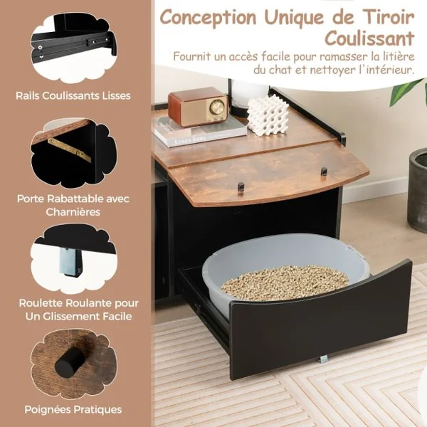 Meuble pour Bac à Litière pour Chat avec Tiroir Coulissant à Roulettes Porte Rabattable Armoire Latérale Table de Nuit Toilettes Cachées Noir