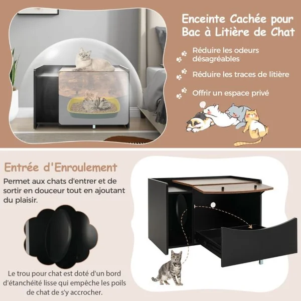 Meuble pour Bac à Litière pour Chat avec Tiroir Coulissant à Roulettes Porte Rabattable Armoire Latérale Table de Nuit Toilettes Cachées Noir