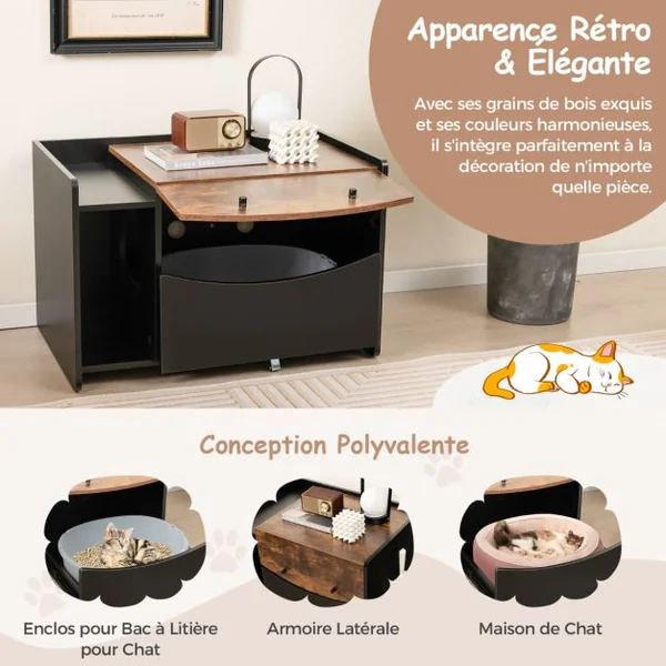 Meuble pour Bac à Litière pour Chat avec Tiroir Coulissant à Roulettes Porte Rabattable Armoire Latérale Table de Nuit Toilettes Cachées Noir