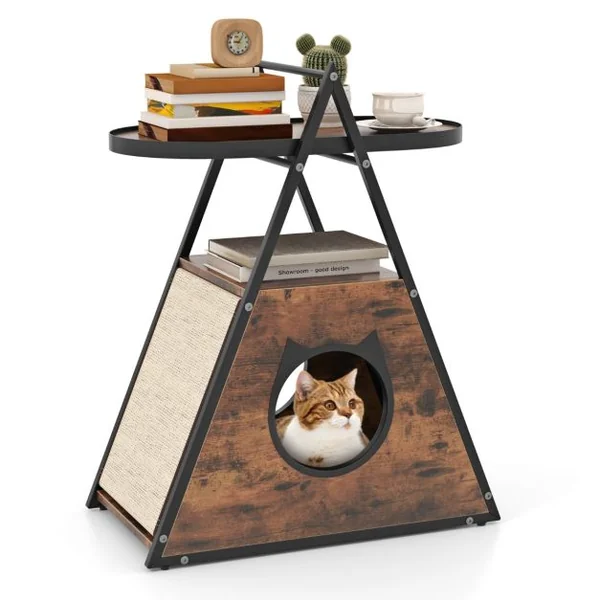 Meuble pour Chat Armoire Cachée avec Niche pour Chat et Table d'Appoint Table de Nuit pour Chat avec Étagère Ouverte à 2 Niveaux