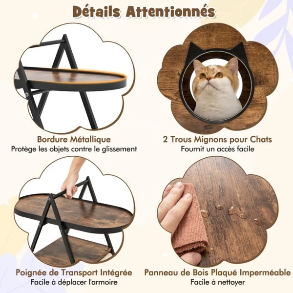 Meuble pour Chat Armoire Cachée avec Niche pour Chat et Table d'Appoint Table de Nuit pour Chat avec Étagère Ouverte à 2 Niveaux