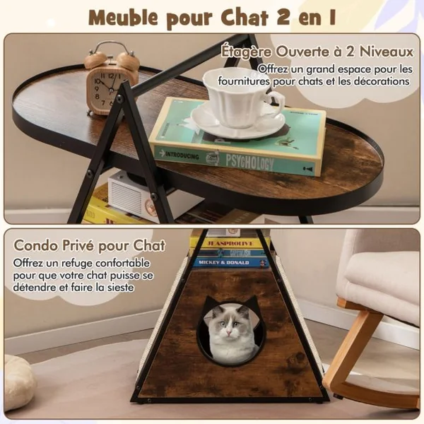 Meuble pour Chat Armoire Cachée avec Niche pour Chat et Table d'Appoint Table de Nuit pour Chat avec Étagère Ouverte à 2 Niveaux