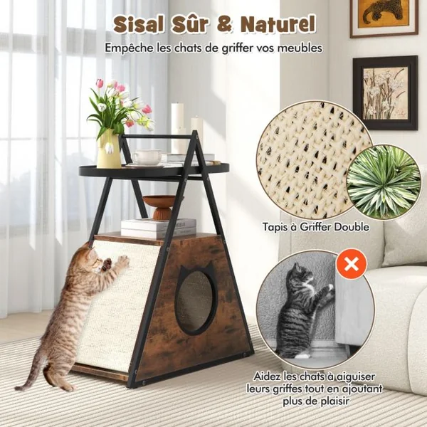Meuble pour Chat Armoire Cachée avec Niche pour Chat et Table d'Appoint Table de Nuit pour Chat avec Étagère Ouverte à 2 Niveaux