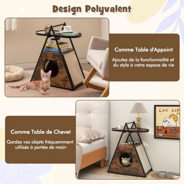 Meuble pour Chat Armoire Cachée avec Niche pour Chat et Table d'Appoint Table de Nuit pour Chat avec Étagère Ouverte à 2 Niveaux
