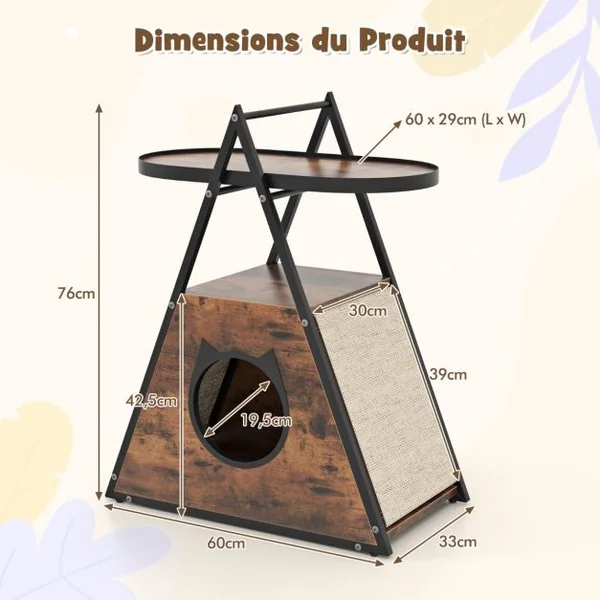 Meuble pour Chat Armoire Cachée avec Niche pour Chat et Table d'Appoint Table de Nuit pour Chat avec Étagère Ouverte à 2 Niveaux