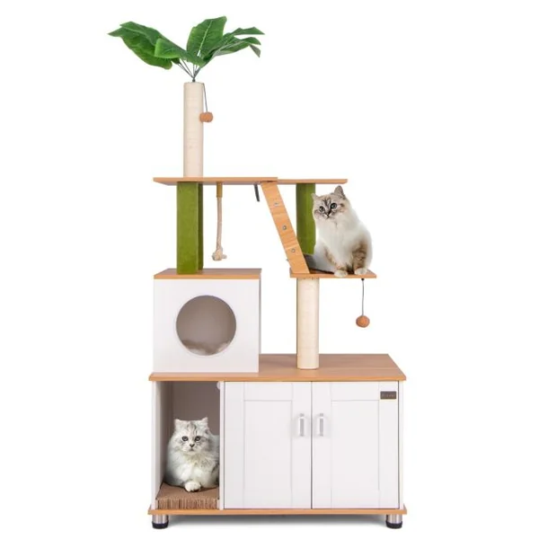 Meuble pour Chat avec Compartiment pour Bac à Litière Meuble Tout-en-un avec Griffoirs Echelle Tapis Corde en Sisal Boules Suspendues Blanc