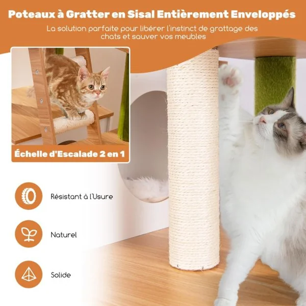 Meuble pour Chat avec Compartiment pour Bac à Litière Meuble Tout-en-un avec Griffoirs Echelle Tapis Corde en Sisal Boules Suspendues Blanc