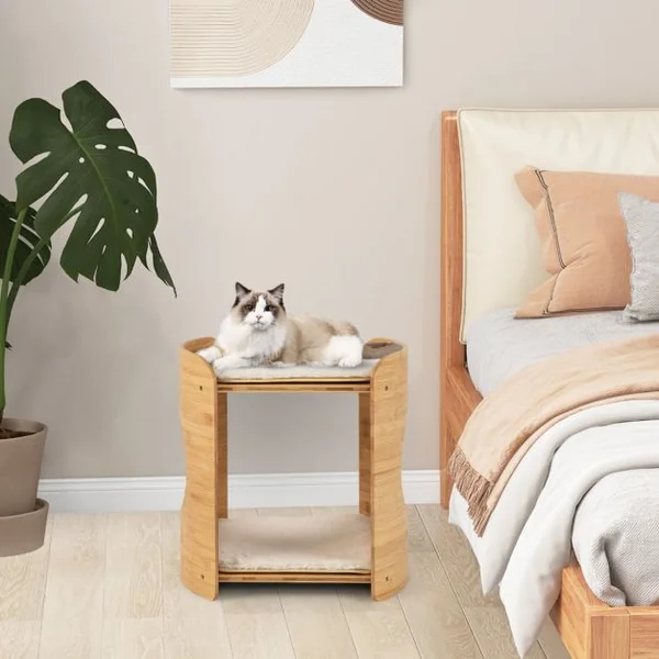 Meuble pour Chat Petite Tour pour Chat à 2 Niveaux avec Cadre en Bambou Naturel Coussins en Peluche Doux Amovibles Beige