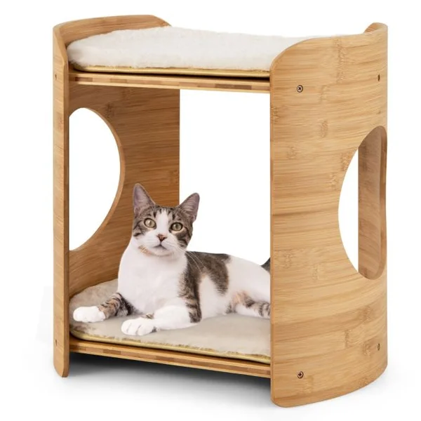 Meuble pour Chat Petite Tour pour Chat à 2 Niveaux avec Cadre en Bambou Naturel Coussins en Peluche Doux Amovibles Beige