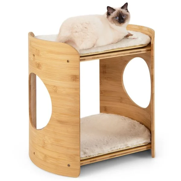 Meuble pour Chat Petite Tour pour Chat à 2 Niveaux avec Cadre en Bambou Naturel Coussins en Peluche Doux Amovibles Beige