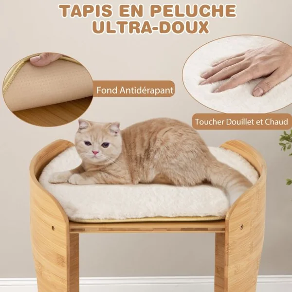 Meuble pour Chat Petite Tour pour Chat à 2 Niveaux avec Cadre en Bambou Naturel Coussins en Peluche Doux Amovibles Beige