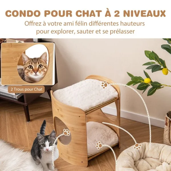 Meuble pour Chat Petite Tour pour Chat à 2 Niveaux avec Cadre en Bambou Naturel Coussins en Peluche Doux Amovibles Beige