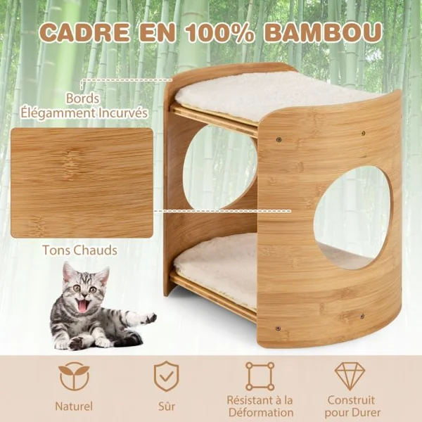 Meuble pour Chat Petite Tour pour Chat à 2 Niveaux avec Cadre en Bambou Naturel Coussins en Peluche Doux Amovibles Beige