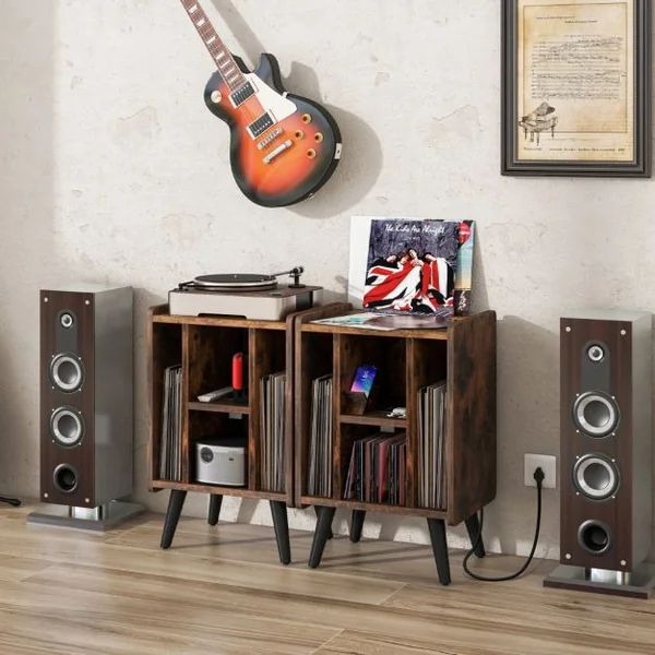 Meuble pour Tourne-disque Support de Stockage de Disques Vinyles 4 Etagères Ouvertes Prise de Courant et Port USB Marron/Café