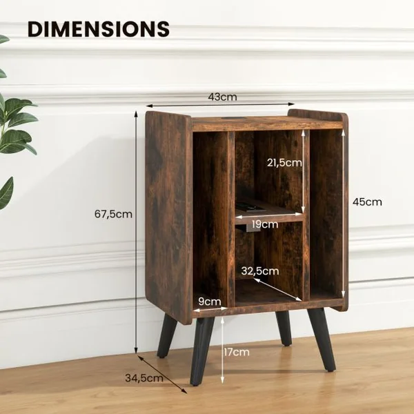 Meuble pour Tourne-disque Support de Stockage de Disques Vinyles 4 Etagères Ouvertes Prise de Courant et Port USB Marron/Café