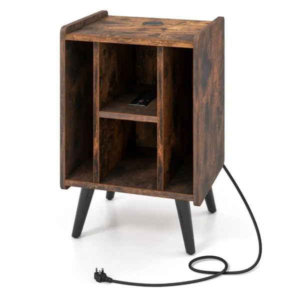 Meuble pour Tourne-disque Support de Stockage de Disques Vinyles 4 Etagères Ouvertes Prise de Courant et Port USB Marron/Café