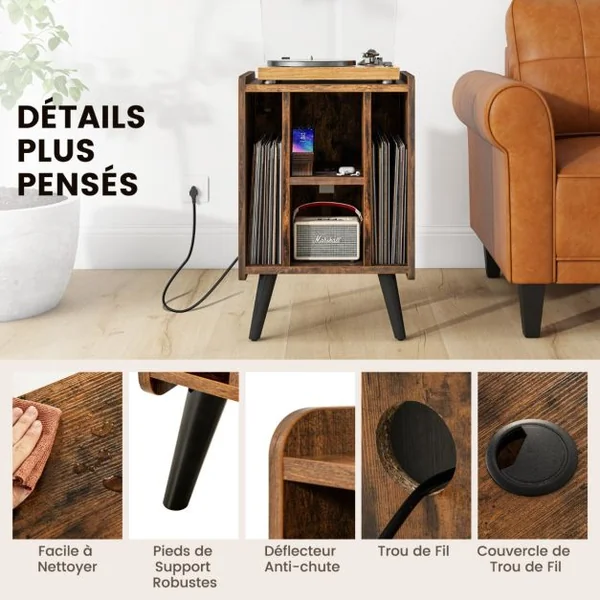 Meuble pour Tourne-disque Support de Stockage de Disques Vinyles 4 Etagères Ouvertes Prise de Courant et Port USB Marron/Café