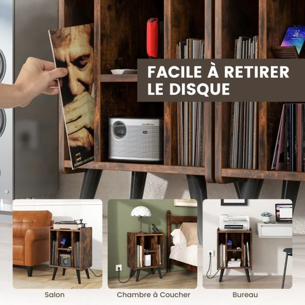 Meuble pour Tourne-disque Support de Stockage de Disques Vinyles 4 Etagères Ouvertes Prise de Courant et Port USB Marron/Café