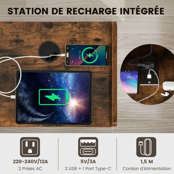 Meuble pour Tourne-disque Support de Stockage de Disques Vinyles 4 Etagères Ouvertes Prise de Courant et Port USB Marron/Café