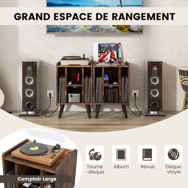 Meuble pour Tourne-disque Support de Stockage de Disques Vinyles 4 Etagères Ouvertes Prise de Courant et Port USB Marron/Café
