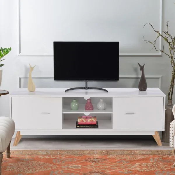 Meuble pour TV Jusqu’à 60" Console TV Moderne Centre de Divertissement Rangement 2 Étagères 2 Armoires Trous de Gestion