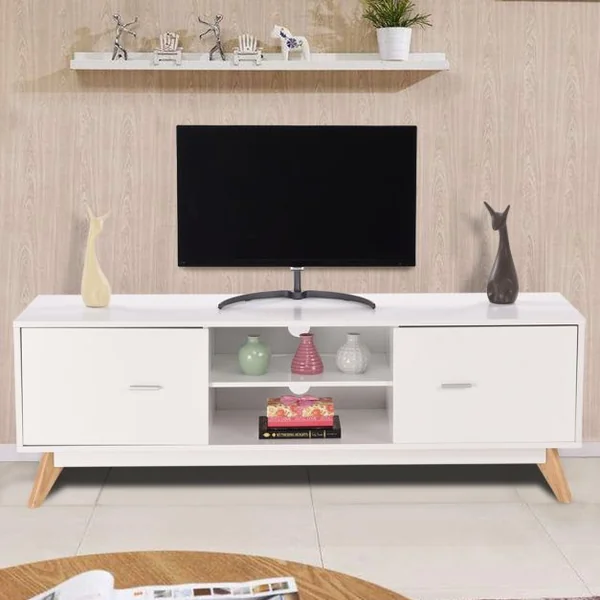 Meuble pour TV Jusqu’à 60" Console TV Moderne Centre de Divertissement Rangement 2 Étagères 2 Armoires Trous de Gestion