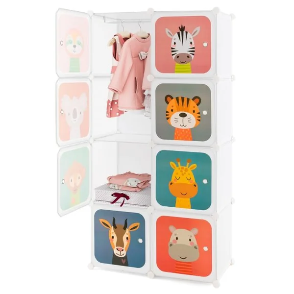 Meuble Rangement Enfants 8 Cubes avec Motif d'Animaux Armoire Modulable Enfants avec Cadre Métallique Charge 10kg Blanc