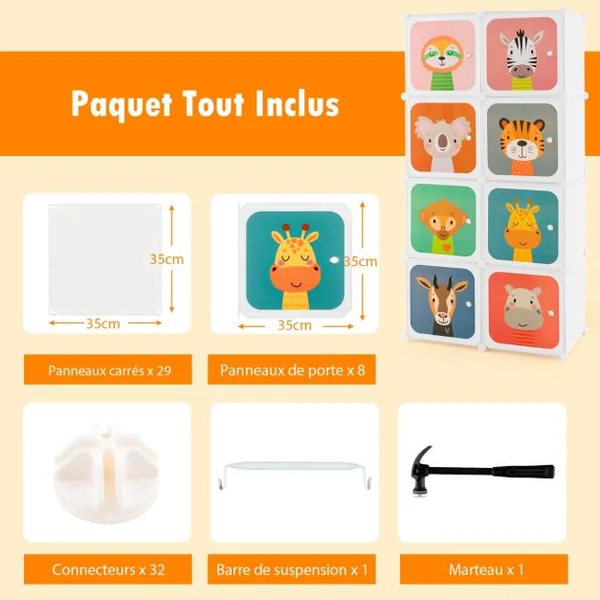 Meuble Rangement Enfants 8 Cubes avec Motif d'Animaux Armoire Modulable Enfants avec Cadre Métallique Charge 10kg Blanc