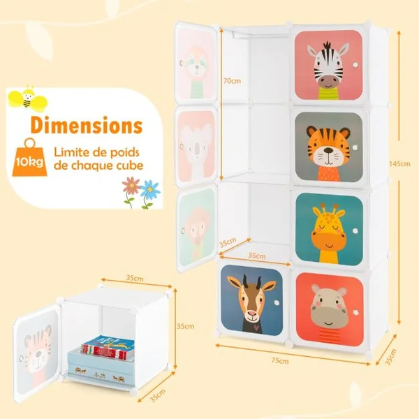 Meuble Rangement Enfants 8 Cubes avec Motif d'Animaux Armoire Modulable Enfants avec Cadre Métallique Charge 10kg Blanc