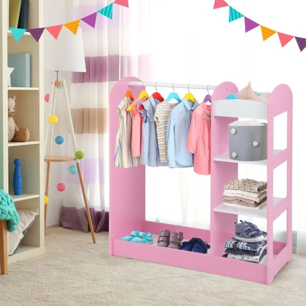 Meuble Rangement Ouverte pour Enfant avec 4 Étagères et Porte-Vêtements en Bois pour Chamre Enfant 93,5x 38 x 100 cm Blanc/Rose/Naturel