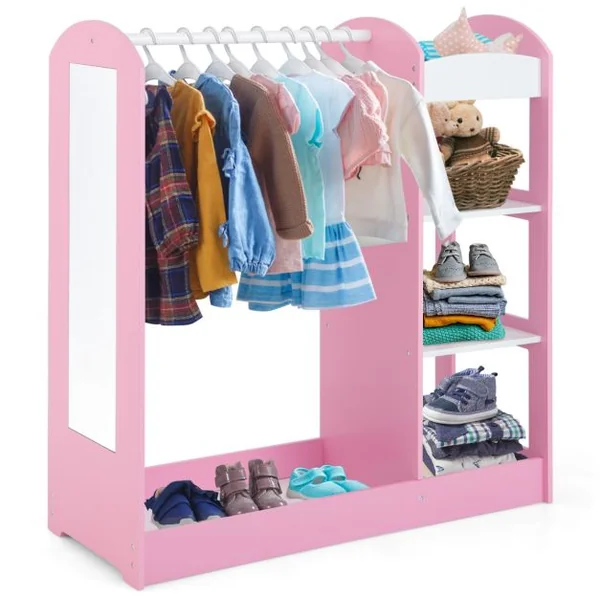 Meuble Rangement Ouverte pour Enfant avec 4 Étagères et Porte-Vêtements en Bois pour Chamre Enfant 93,5x 38 x 100 cm Blanc/Rose/Naturel