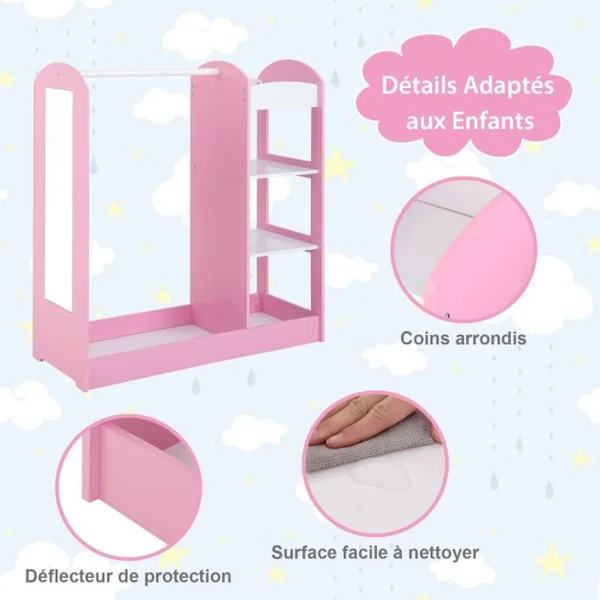 Meuble Rangement Ouverte pour Enfant avec 4 Étagères et Porte-Vêtements en Bois pour Chamre Enfant 93,5x 38 x 100 cm Blanc/Rose/Naturel