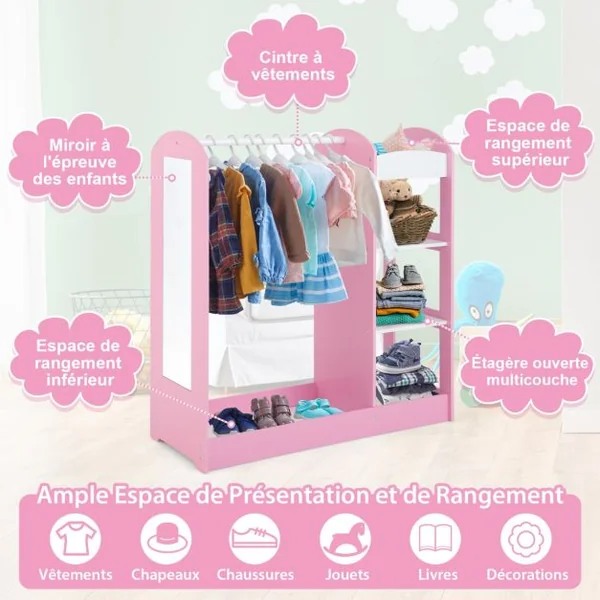 Meuble Rangement Ouverte pour Enfant avec 4 Étagères et Porte-Vêtements en Bois pour Chamre Enfant 93,5x 38 x 100 cm Blanc/Rose/Naturel