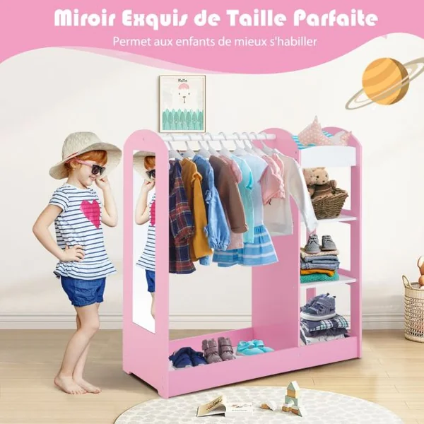 Meuble Rangement Ouverte pour Enfant avec 4 Étagères et Porte-Vêtements en Bois pour Chamre Enfant 93,5x 38 x 100 cm Blanc/Rose/Naturel