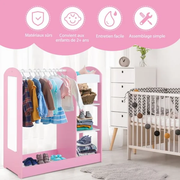 Meuble Rangement Ouverte pour Enfant avec 4 Étagères et Porte-Vêtements en Bois pour Chamre Enfant 93,5x 38 x 100 cm Blanc/Rose/Naturel