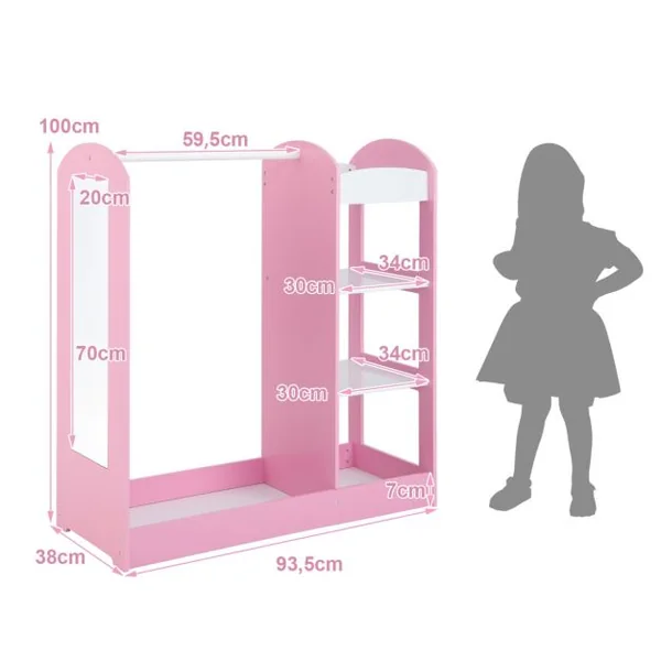 Meuble Rangement Ouverte pour Enfant avec 4 Étagères et Porte-Vêtements en Bois pour Chamre Enfant 93,5x 38 x 100 cm Blanc/Rose/Naturel