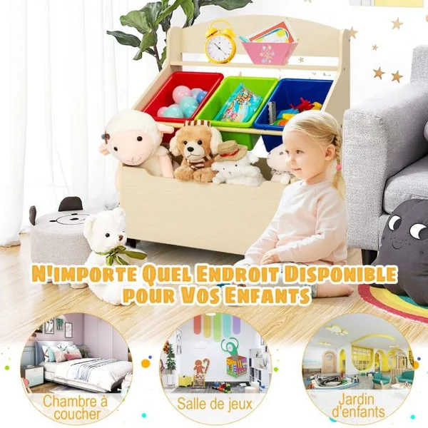 Meuble Rangement à Jouets avec Roulettes et 3 Bacs pour Ranger Livres/Jouets Conçus pour Chambre d'Enfant Maternelle
