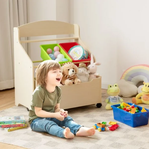 Meuble Rangement à Jouets avec Roulettes et 3 Bacs pour Ranger Livres/Jouets Conçus pour Chambre d'Enfant Maternelle