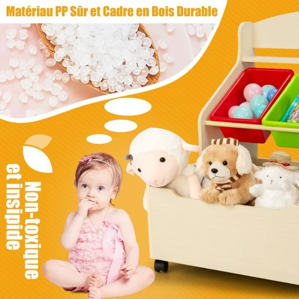 Meuble Rangement à Jouets avec Roulettes et 3 Bacs pour Ranger Livres/Jouets Conçus pour Chambre d'Enfant Maternelle