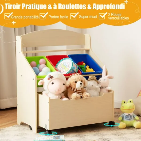 Meuble Rangement à Jouets avec Roulettes et 3 Bacs pour Ranger Livres/Jouets Conçus pour Chambre d'Enfant Maternelle